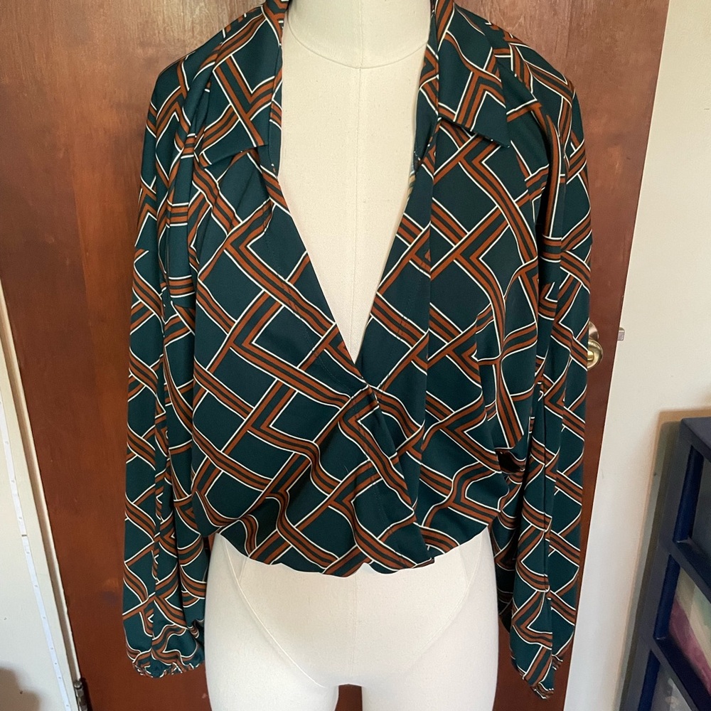Geometric Green and Brown Women's Top